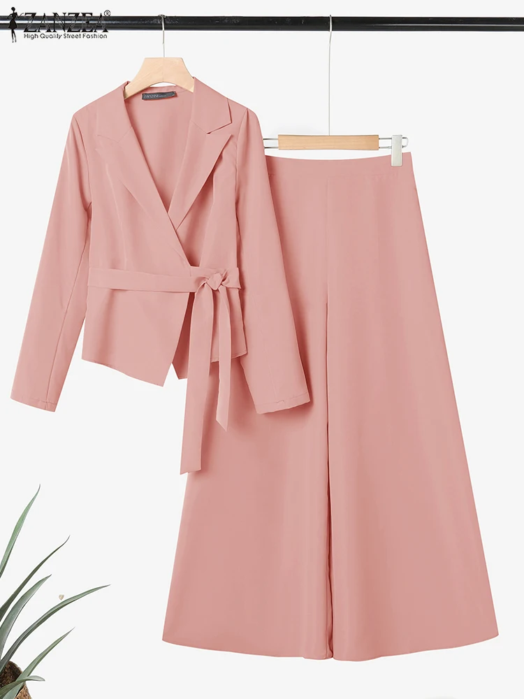 ZANZEA Elegant 2 Pieces Pant Sets Long Sleeve Belted Lightweight Blazer & Wide Leg Pant 2pcs Suits Office Lady Commuting Sets