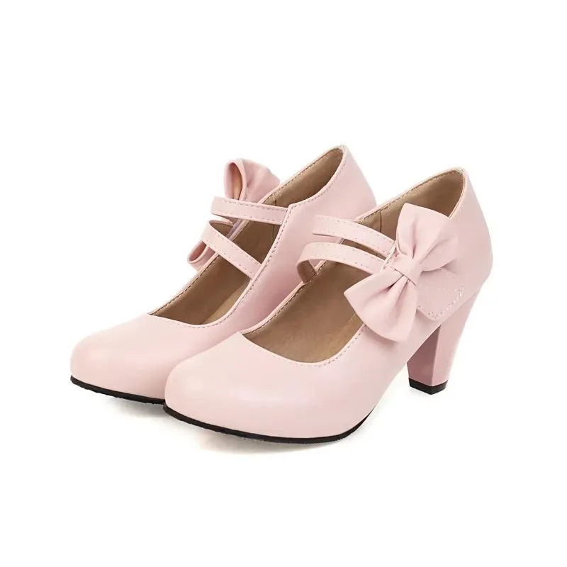 Cinderella Sweet Bow Hoop & Loop Pumps Round Toe Matte Soft Shoes Pink White Wide Fitting Well Made