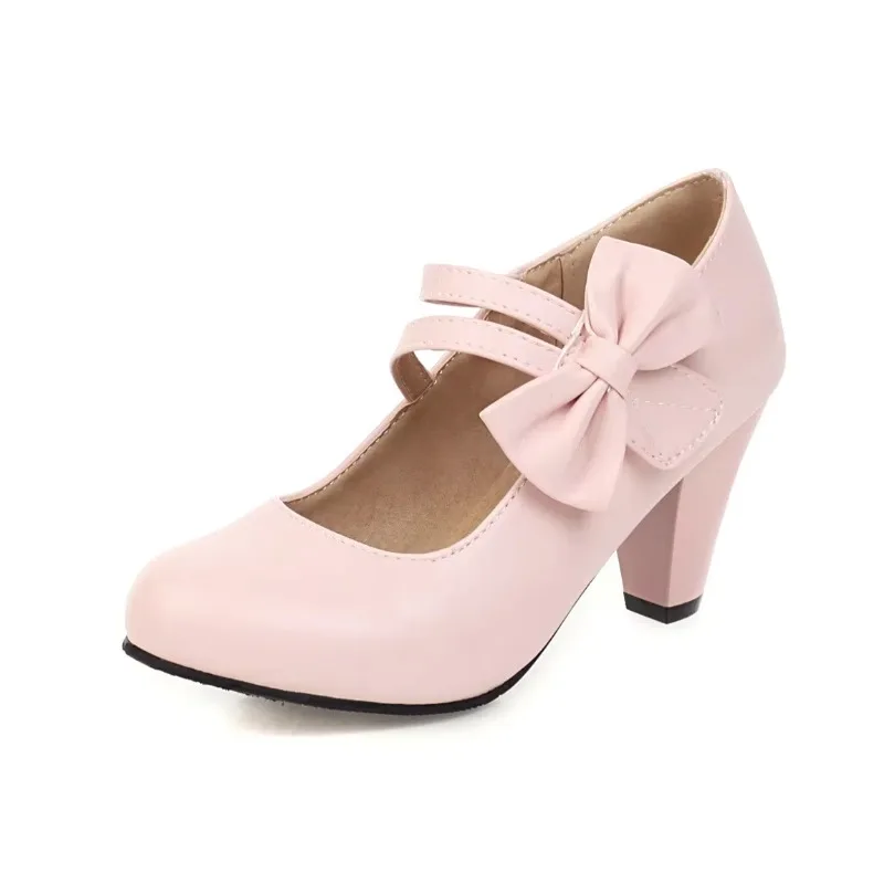 Cinderella Sweet Bow Hoop & Loop Pumps Round Toe Matte Soft Shoes Pink White Wide Fitting Well Made