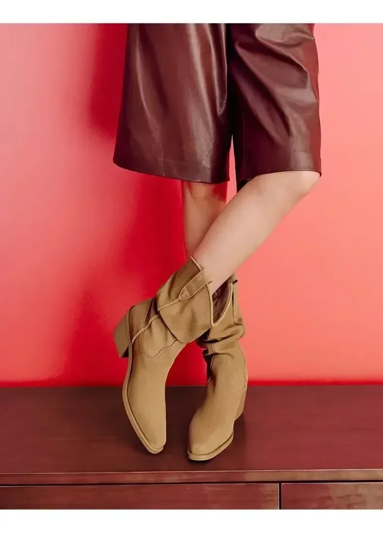 Women Chunky Heeled Western Boots Faux Suede Ankle Boots Woman Autumn Vintage Loose Tube Pleated Mid Calf Cowboy Botas Mujer