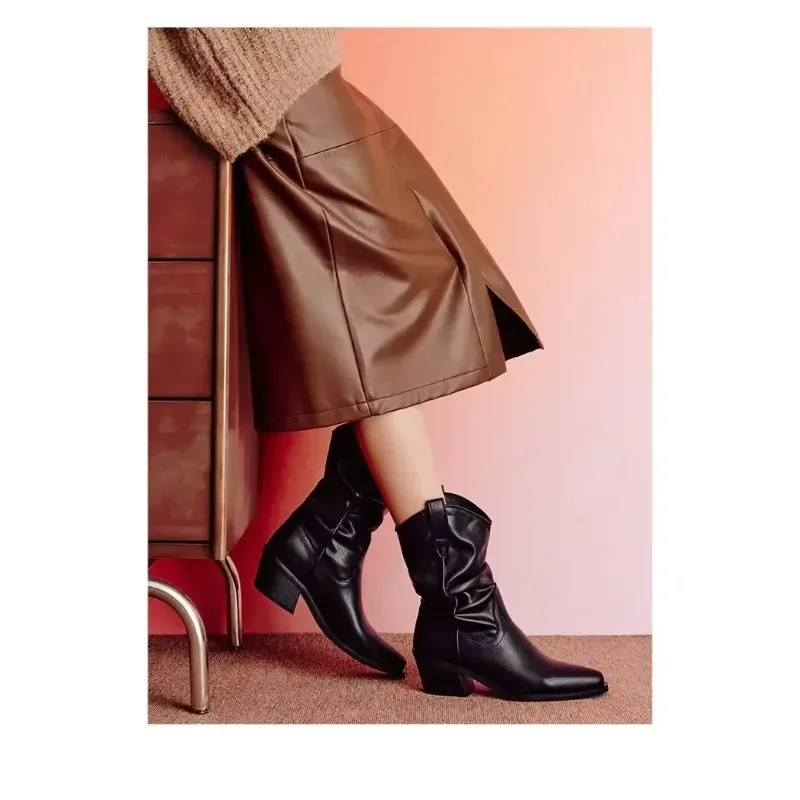 Women Chunky Heeled Western Boots Faux Suede Ankle Boots Woman Autumn Vintage Loose Tube Pleated Mid Calf Cowboy Botas Mujer