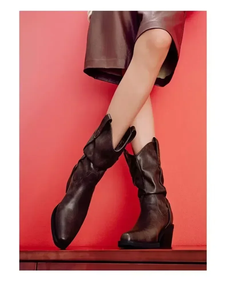 Women Chunky Heeled Western Boots Faux Suede Ankle Boots Woman Autumn Vintage Loose Tube Pleated Mid Calf Cowboy Botas Mujer