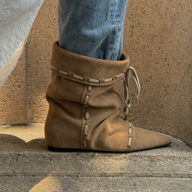 Wrinkle Style Women's Ankle Boots Pointed Toe Flat Cross-tied Femme Short Boots Winter New Retro Niche Lady Western Cowboy Boots