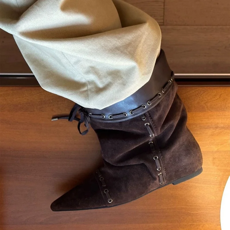 Wrinkle Style Women's Ankle Boots Pointed Toe Flat Cross-tied Femme Short Boots Winter New Retro Niche Lady Western Cowboy Boots Wrinkle Style Women's Ankle Boots Pointed Toe Flat Cross-tied Femme Short Boots Winter New Retro Niche Lady Western Cowboy Boots