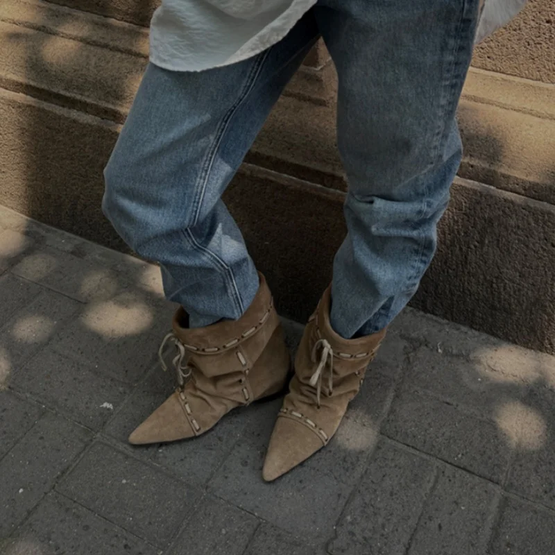 Wrinkle Style Women's Ankle Boots Pointed Toe Flat Cross-tied Femme Short Boots Winter New Retro Niche Lady Western Cowboy Boots