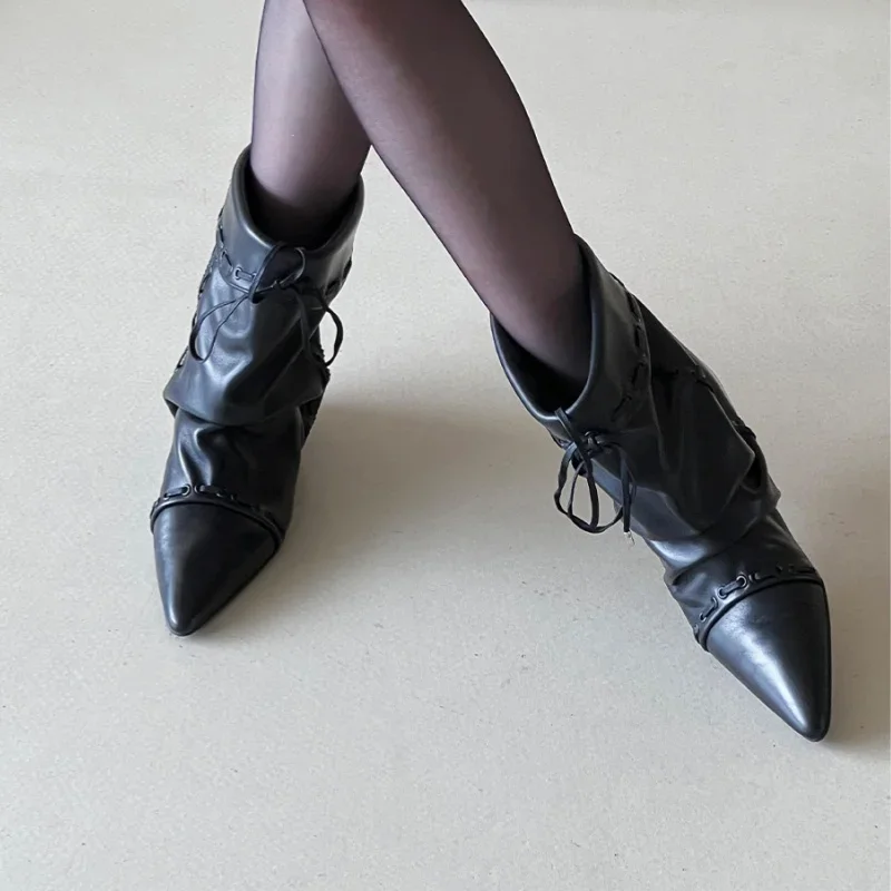 Wrinkle Style Women's Ankle Boots Pointed Toe Flat Cross-tied Femme Short Boots Winter New Retro Niche Lady Western Cowboy Boots Wrinkle Style Women's Ankle Boots Pointed Toe Flat Cross-tied Femme Short Boots Winter New Retro Niche Lady Western Cowboy Boots