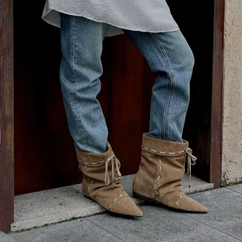 Wrinkle Style Women's Ankle Boots Pointed Toe Flat Cross-tied Femme Short Boots Winter New Retro Niche Lady Western Cowboy Boots