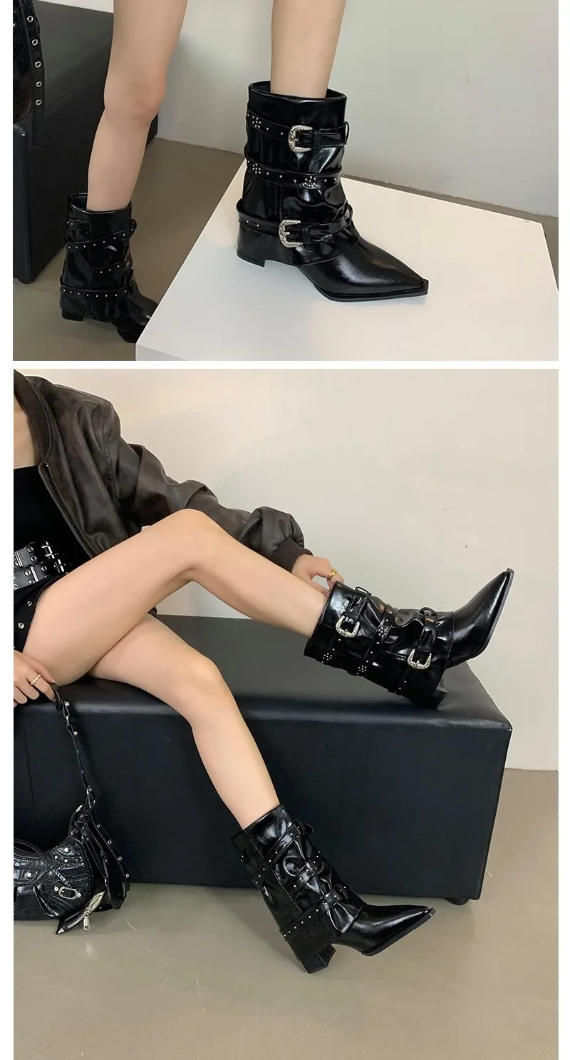 Black Rivet Pant Boots Women's Pointed Toe Niche Design Thick Heel Sleeve Knight Boots Women's Retro Style Rubber Outsole