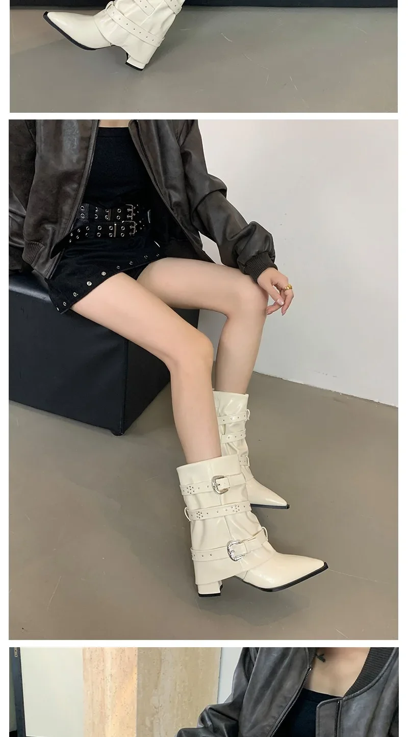 Black Rivet Pant Boots Women's Pointed Toe Niche Design Thick Heel Sleeve Knight Boots Women's Retro Style Rubber Outsole