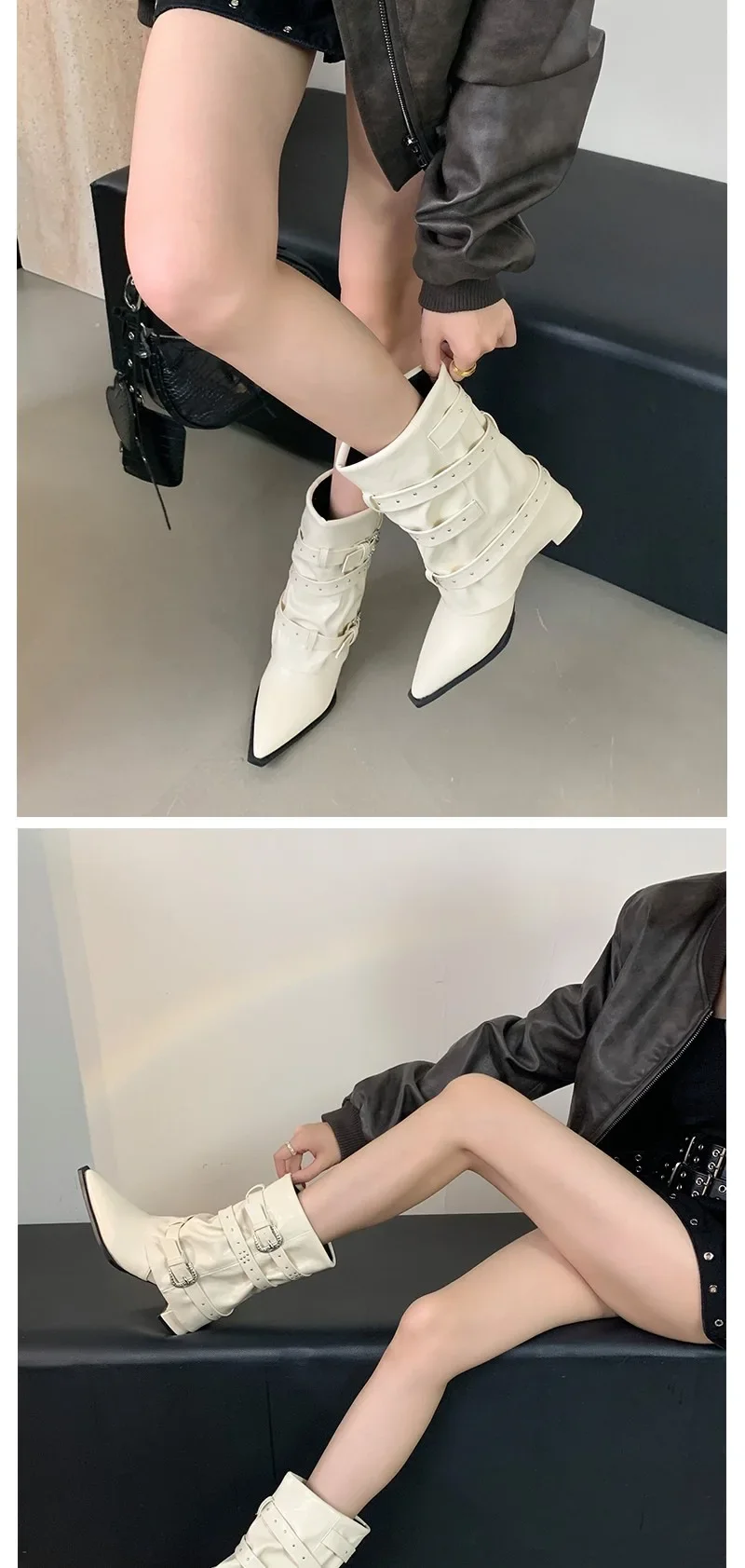 Black Rivet Pant Boots Women's Pointed Toe Niche Design Thick Heel Sleeve Knight Boots Women's Retro Style Rubber Outsole