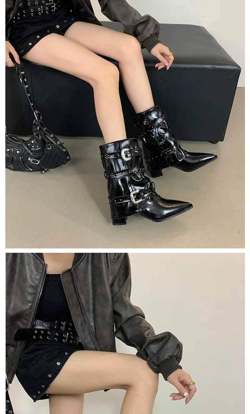 Black Rivet Pant Boots Women's Pointed Toe Niche Design Thick Heel Sleeve Knight Boots Women's Retro Style Rubber Outsole