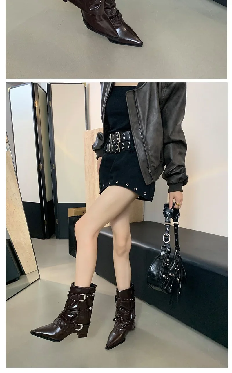 Black Rivet Pant Boots Women's Pointed Toe Niche Design Thick Heel Sleeve Knight Boots Women's Retro Style Rubber Outsole