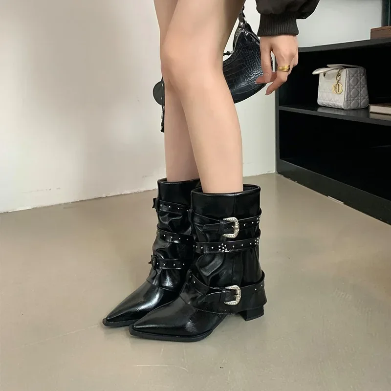 Black Rivet Pant Boots Women's Pointed Toe Niche Design Thick Heel Sleeve Knight Boots Women's Retro Style Rubber Outsole