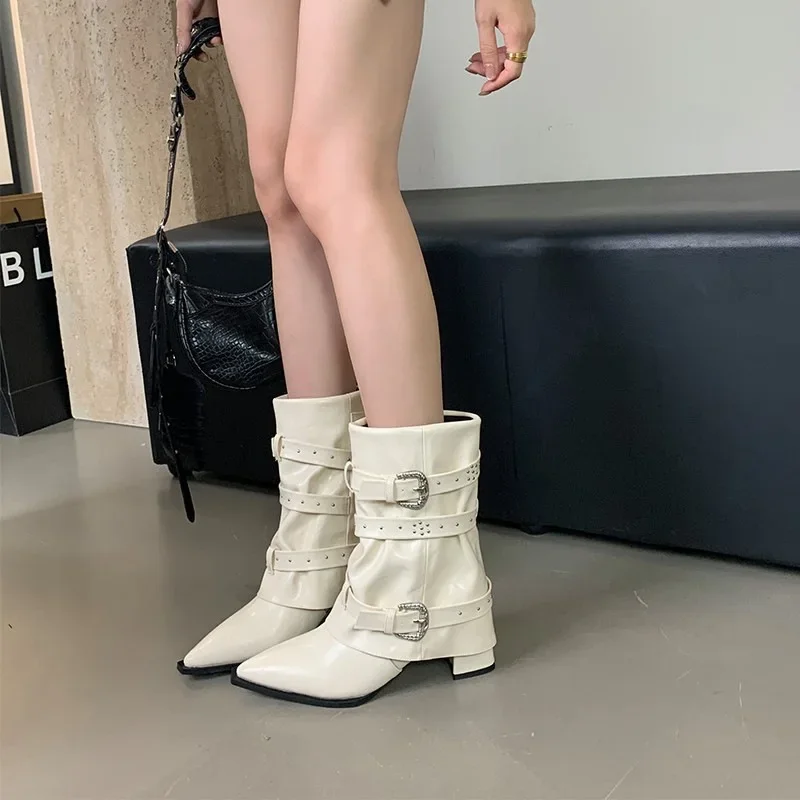 Black Rivet Pant Boots Women's Pointed Toe Niche Design Thick Heel Sleeve Knight Boots Women's Retro Style Rubber Outsole