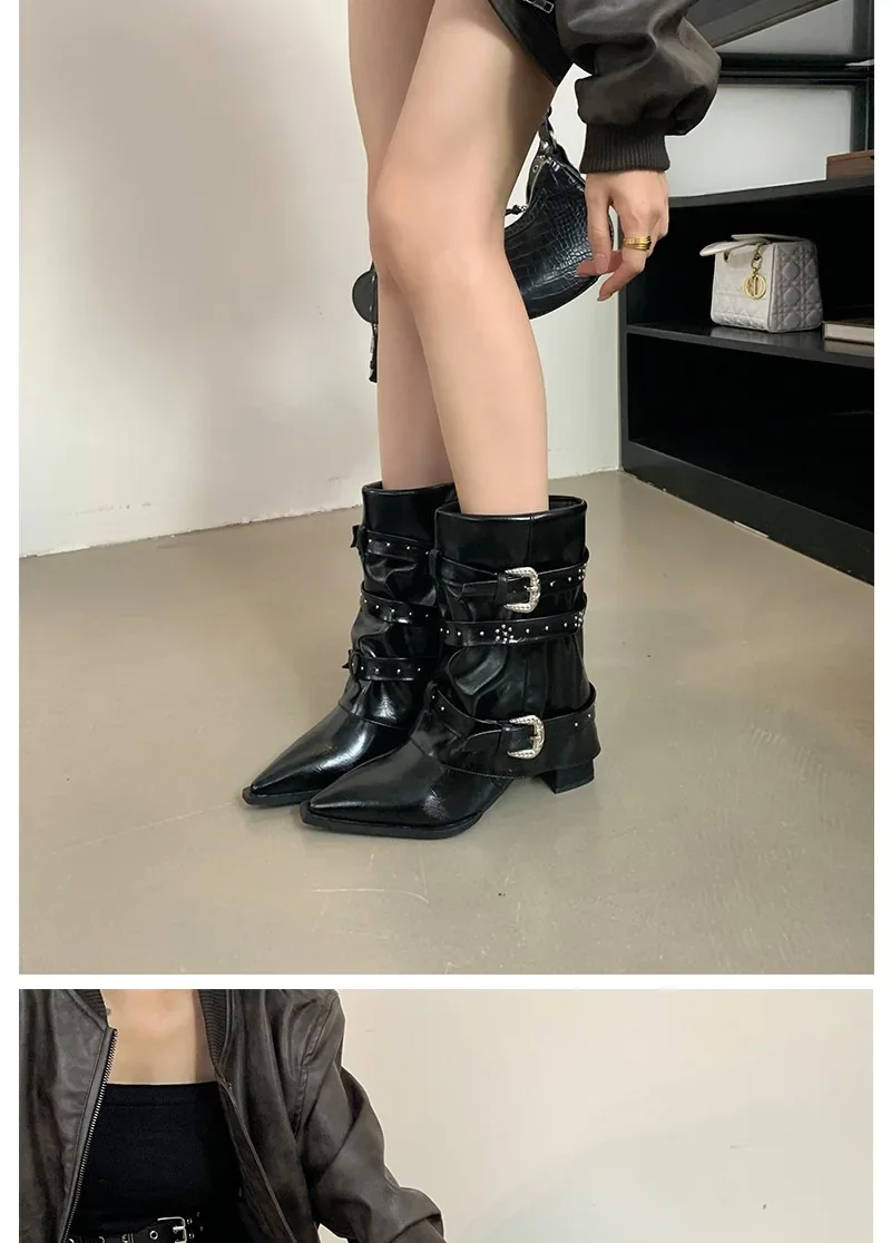 Black Rivet Pant Boots Women's Pointed Toe Niche Design Thick Heel Sleeve Knight Boots Women's Retro Style Rubber Outsole