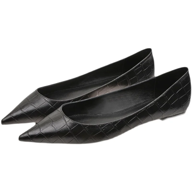 Women Flats Black Shoes for Lady Big Size 43 44 Pointed Head Pu Leather Stone Pattern Spring Autumn 2025