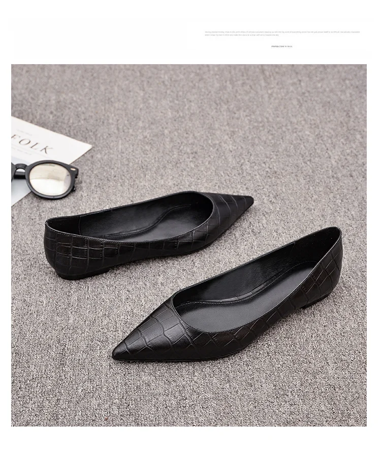Women Flats Black Shoes for Lady Big Size 43 44 Pointed Head Pu Leather Stone Pattern Spring Autumn 2025 Women Flats Black Shoes for Lady Big Size 43 44 Pointed Head Pu Leather Stone Pattern Spring Autumn 2025