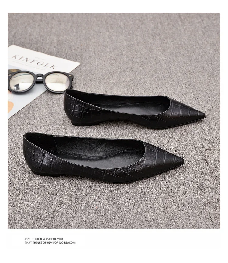 Women Flats Black Shoes for Lady Big Size 43 44 Pointed Head Pu Leather Stone Pattern Spring Autumn 2025 Women Flats Black Shoes for Lady Big Size 43 44 Pointed Head Pu Leather Stone Pattern Spring Autumn 2025