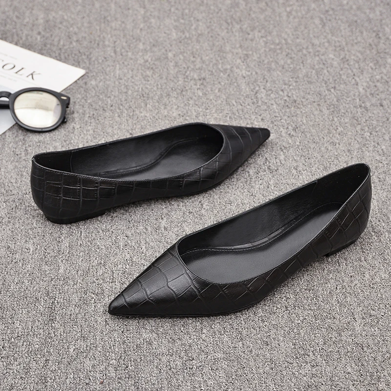 Women Flats Black Shoes for Lady Big Size 43 44 Pointed Head Pu Leather Stone Pattern Spring Autumn 2025 Women Flats Black Shoes for Lady Big Size 43 44 Pointed Head Pu Leather Stone Pattern Spring Autumn 2025
