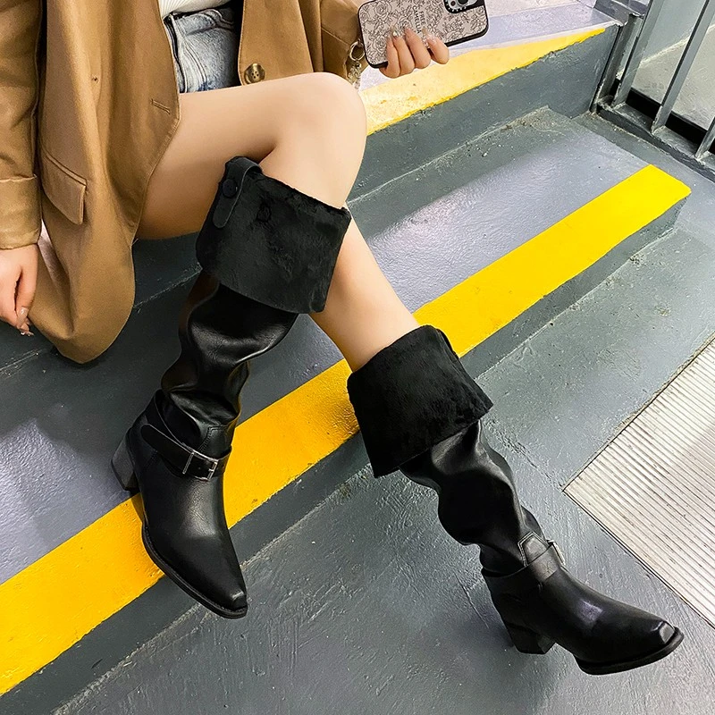 High Boots Women's Pointed Toe Sleeve Metal Buckle Block Heel Anti-Slip Wear-Resistant Pleated Stack Boots