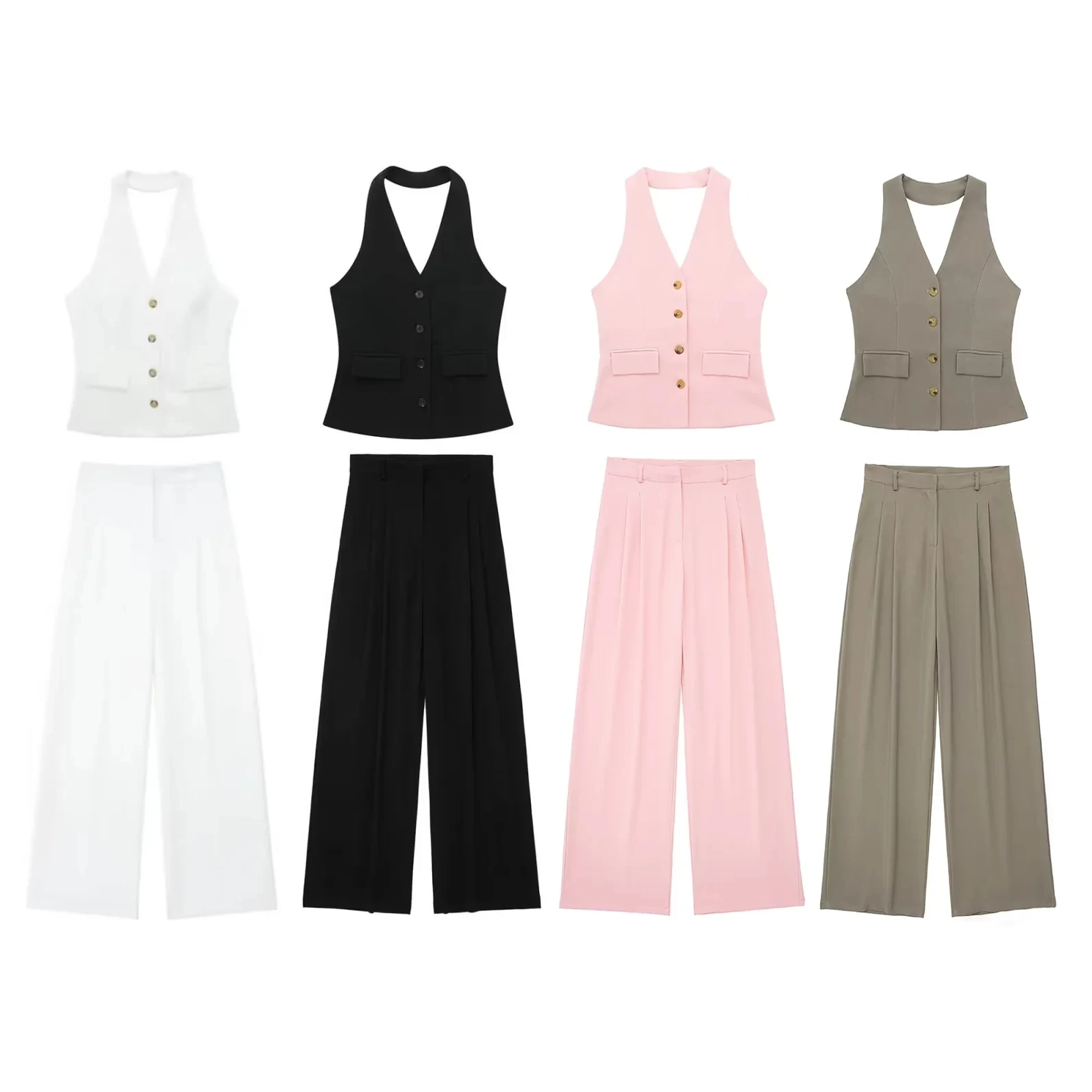 HH Women Fashion Solid Pant Suit Halter Single Breasted Sleeveless Blazer Vest Top Zipper Fly Trousers Office Lady Sets