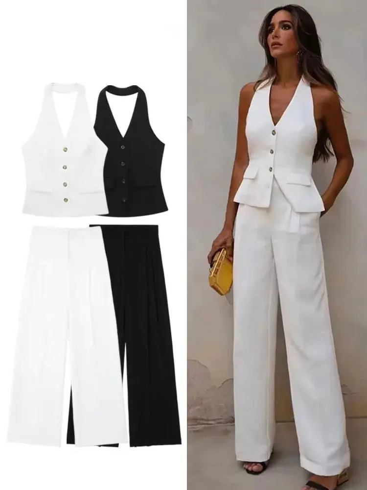 HH Women Fashion Solid Pant Suit Halter Single Breasted Sleeveless Blazer Vest Top Zipper Fly Trousers Office Lady Sets