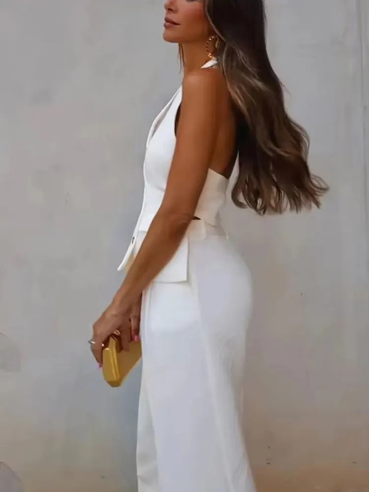 HH Women Fashion Solid Pant Suit Halter Single Breasted Sleeveless Blazer Vest Top Zipper Fly Trousers Office Lady Sets