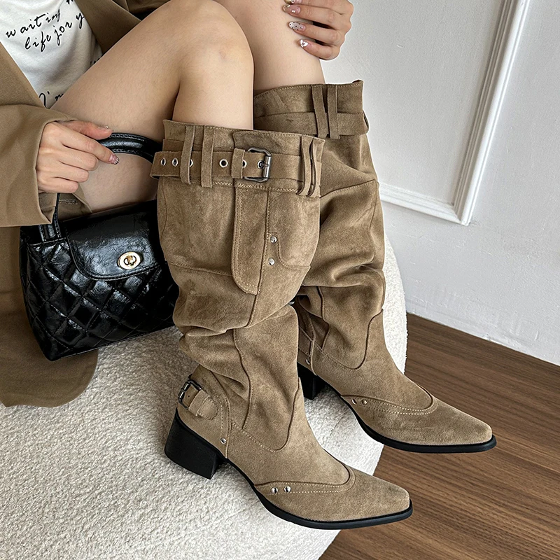 2025 Winter Belt Buckle Pointed Toe Women Knee-High Boots Fashion Vintage Square Low Heels Ladies Shoes