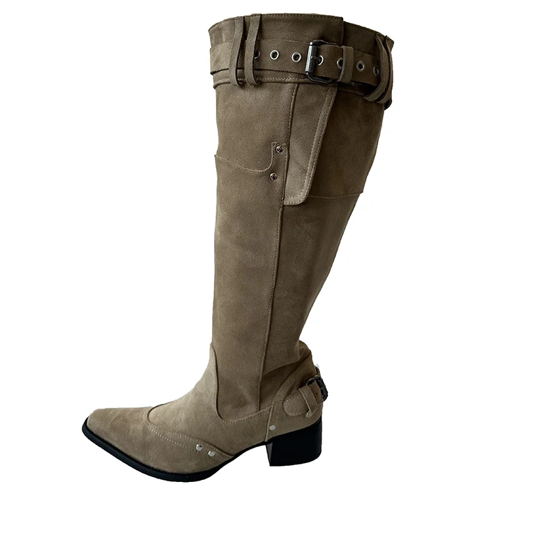 2025 Winter Belt Buckle Pointed Toe Women Knee-High Boots Fashion Vintage Square Low Heels Ladies Shoes