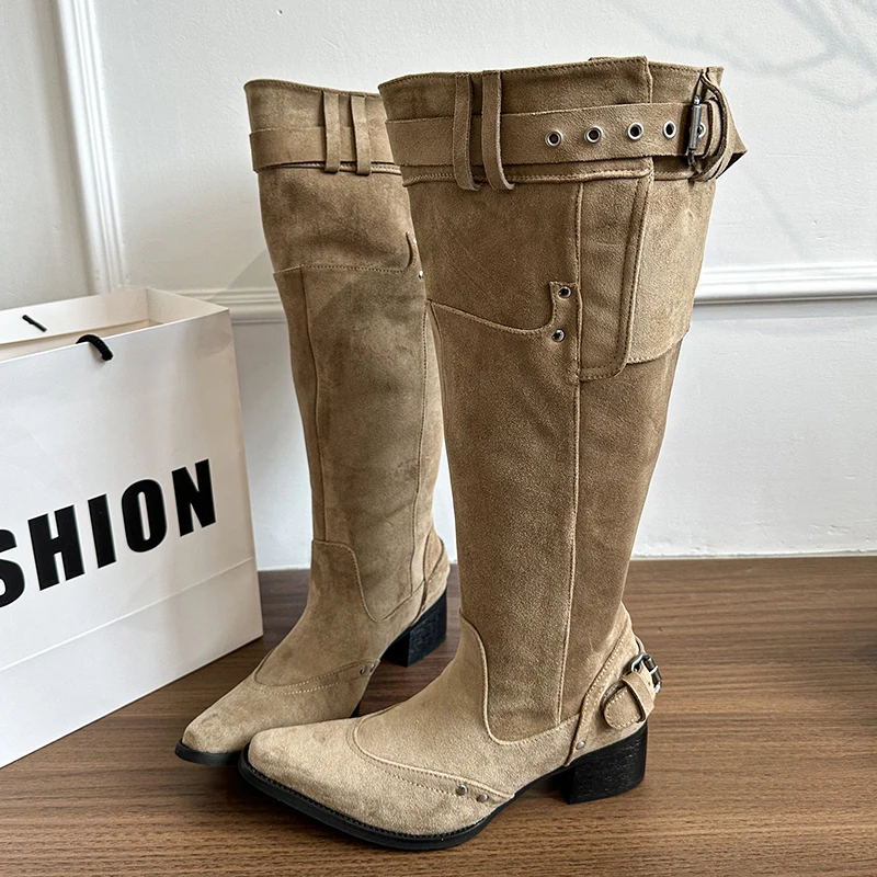 2025 Winter Belt Buckle Pointed Toe Women Knee-High Boots Fashion Vintage Square Low Heels Ladies Shoes