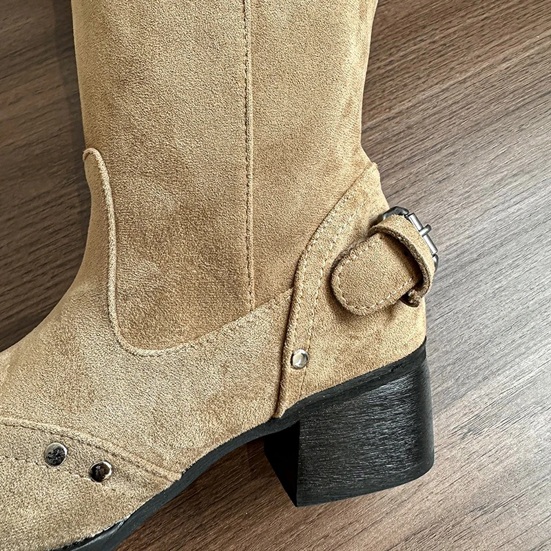 2025 Winter Belt Buckle Pointed Toe Women Knee-High Boots Fashion Vintage Square Low Heels Ladies Shoes