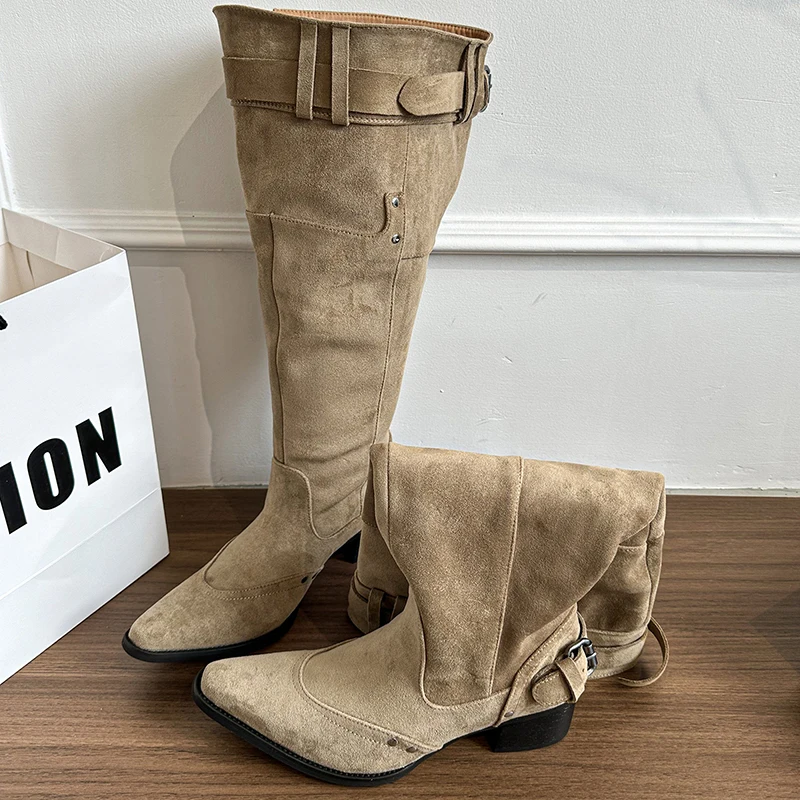 2025 Winter Belt Buckle Pointed Toe Women Knee-High Boots Fashion Vintage Square Low Heels Ladies Shoes