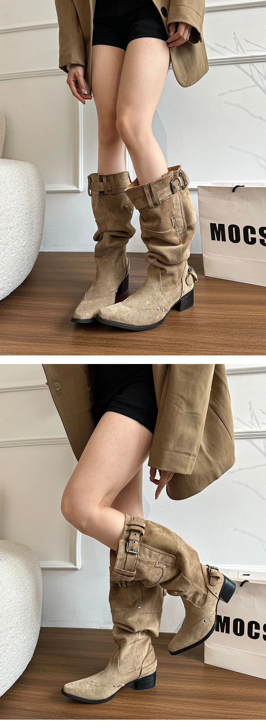 2025 Winter Belt Buckle Pointed Toe Women Knee-High Boots Fashion Vintage Square Low Heels Ladies Shoes 2025 Winter Belt Buckle Pointed Toe Women Knee-High Boots Fashion Vintage Square Low Heels Ladies Shoes