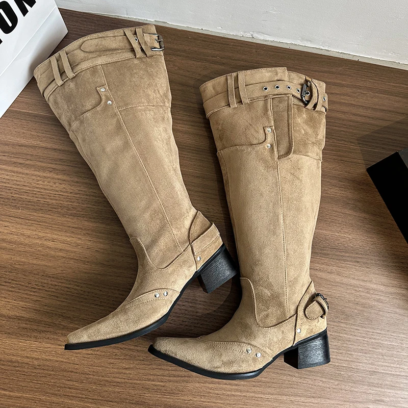 2025 Winter Belt Buckle Pointed Toe Women Knee-High Boots Fashion Vintage Square Low Heels Ladies Shoes