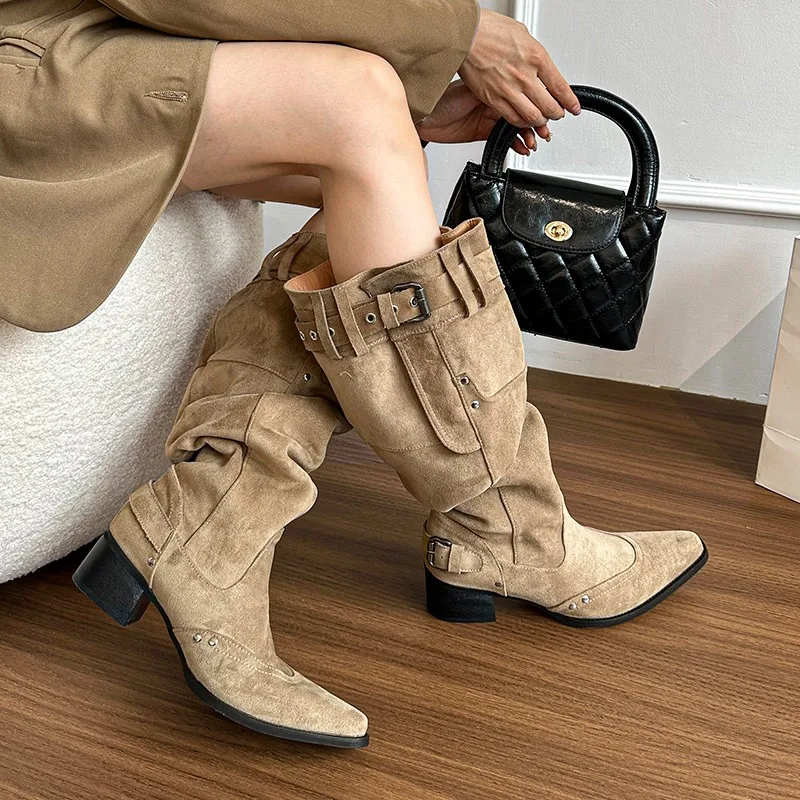 2025 Winter Belt Buckle Pointed Toe Women Knee-High Boots Fashion Vintage Square Low Heels Ladies Shoes