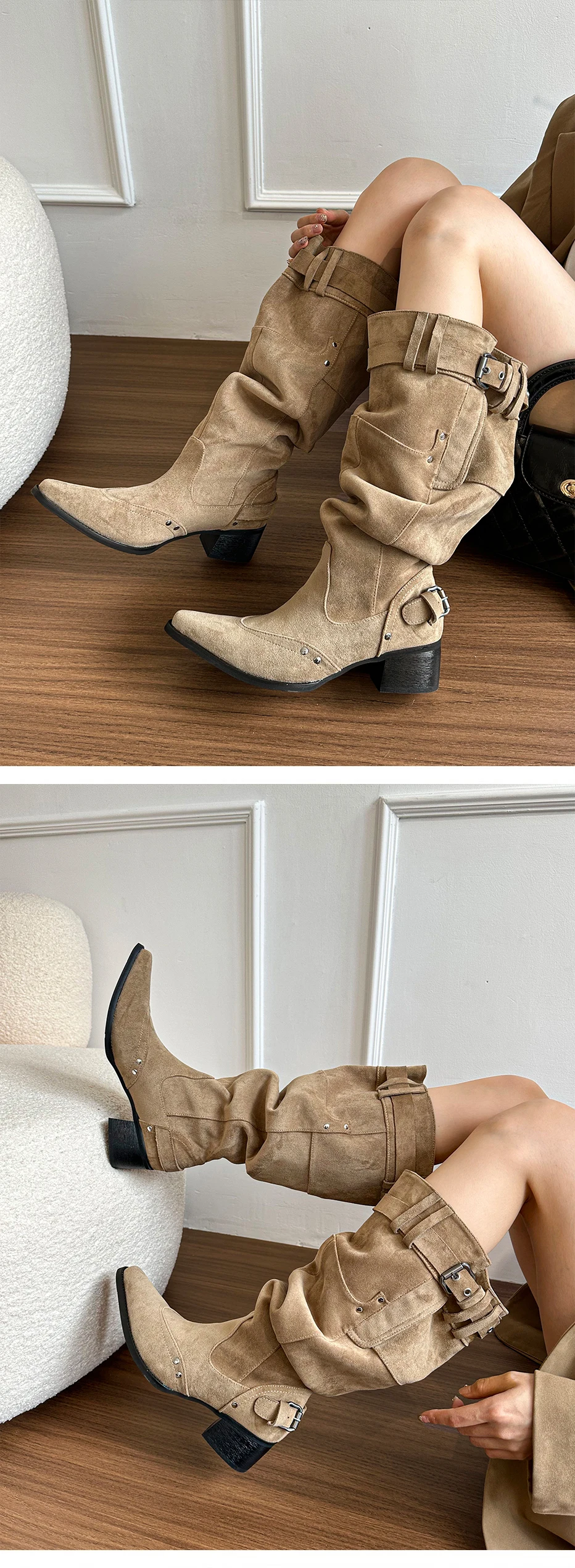 2025 Winter Belt Buckle Pointed Toe Women Knee-High Boots Fashion Vintage Square Low Heels Ladies Shoes