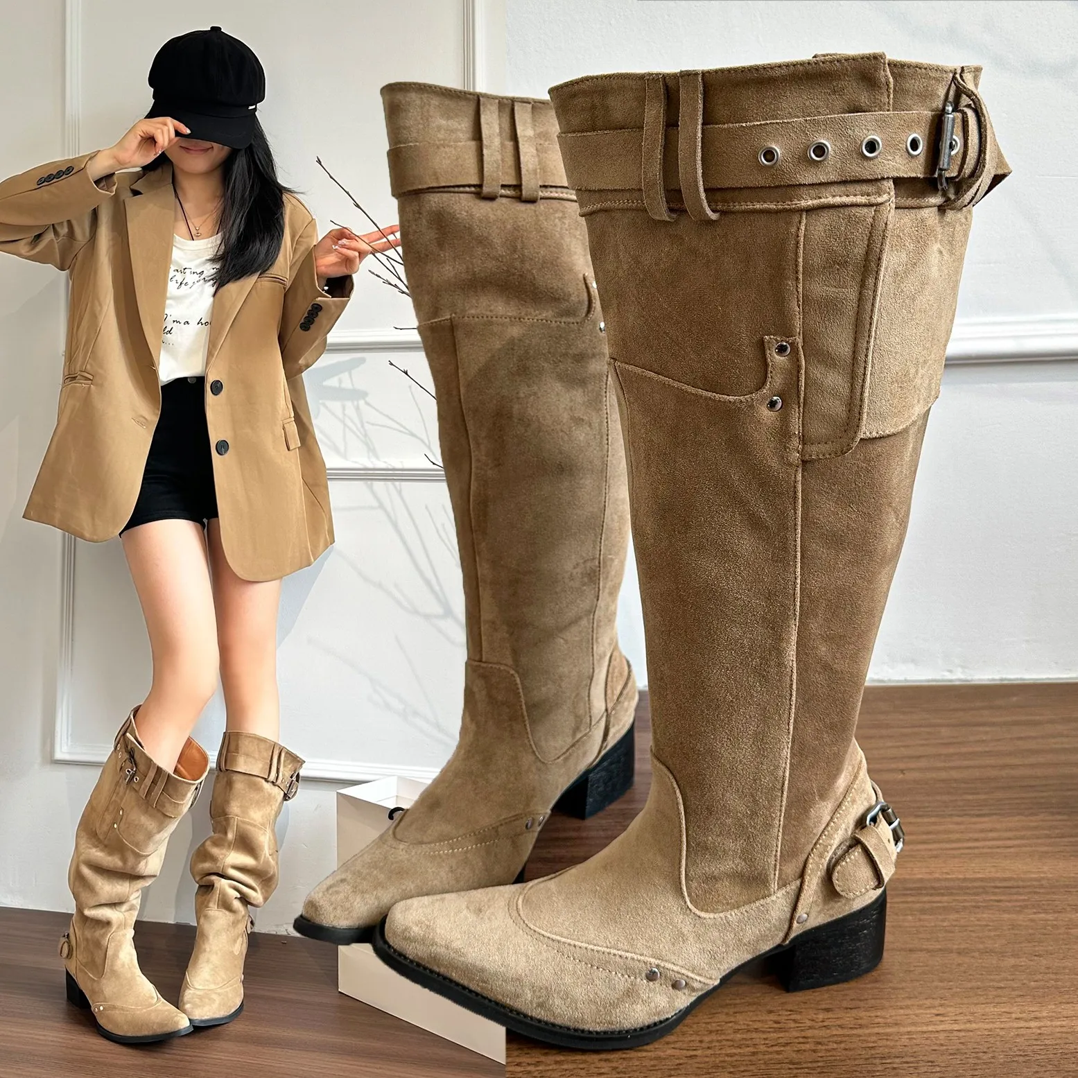 2025 Winter Belt Buckle Pointed Toe Women Knee-High Boots Fashion Vintage Square Low Heels Ladies Shoes