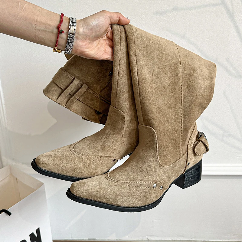 2025 Winter Belt Buckle Pointed Toe Women Knee-High Boots Fashion Vintage Square Low Heels Ladies Shoes