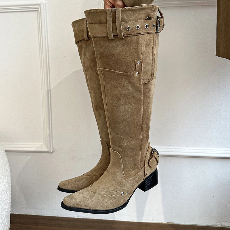 2025 Winter Belt Buckle Pointed Toe Women Knee-High Boots Fashion Vintage Square Low Heels Ladies Shoes