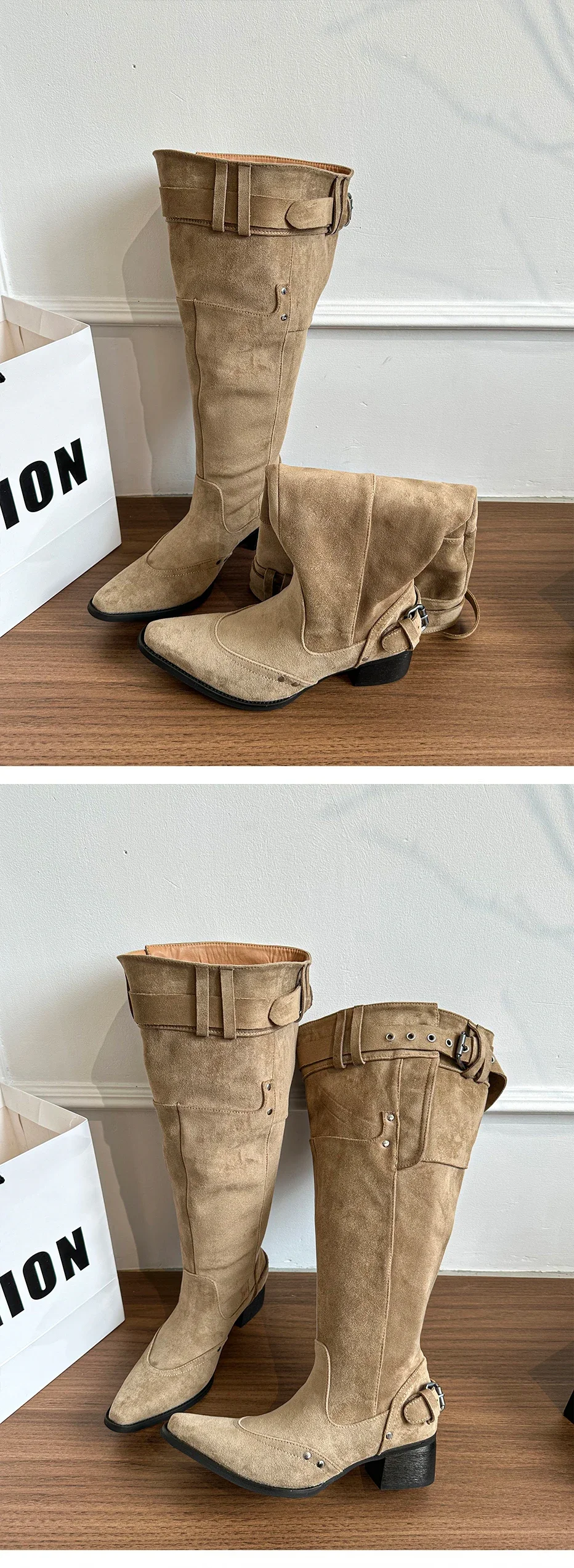 2025 Winter Belt Buckle Pointed Toe Women Knee-High Boots Fashion Vintage Square Low Heels Ladies Shoes