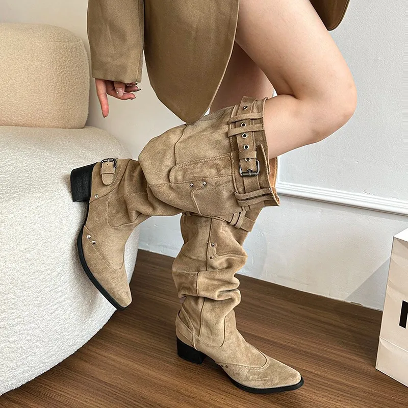 2025 Winter Belt Buckle Pointed Toe Women Knee-High Boots Fashion Vintage Square Low Heels Ladies Shoes