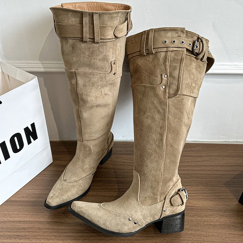 2025 Winter Belt Buckle Pointed Toe Women Knee-High Boots Fashion Vintage Square Low Heels Ladies Shoes