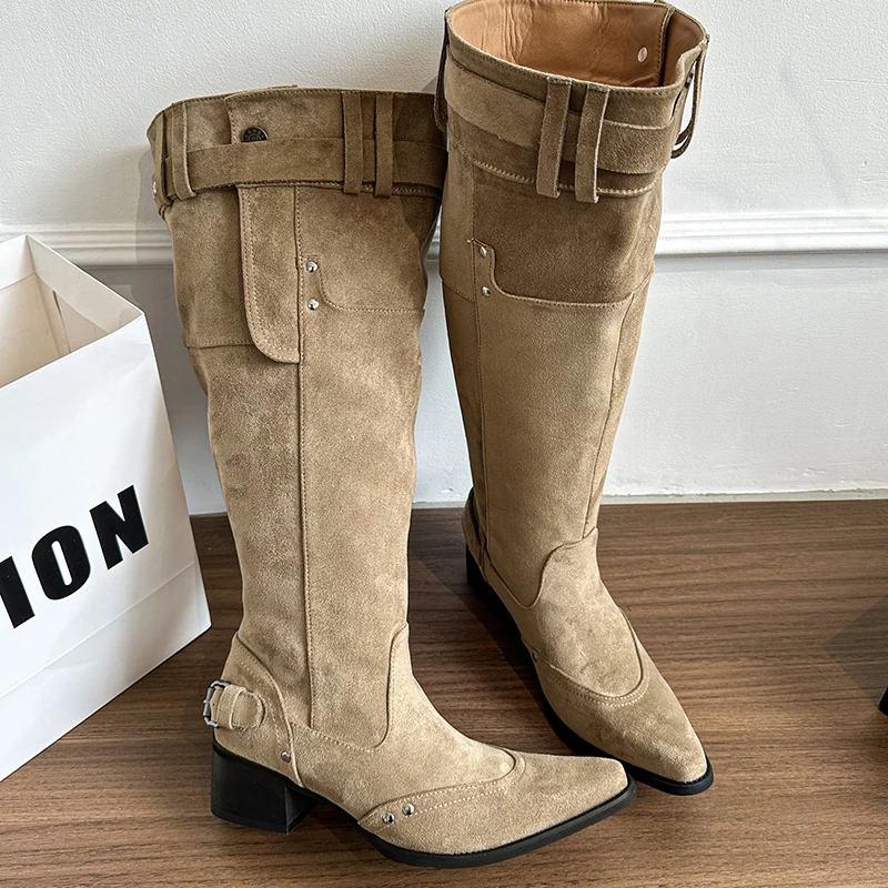 2025 Winter Belt Buckle Pointed Toe Women Knee-High Boots Fashion Vintage Square Low Heels Ladies Shoes 2025 Winter Belt Buckle Pointed Toe Women Knee-High Boots Fashion Vintage Square Low Heels Ladies Shoes