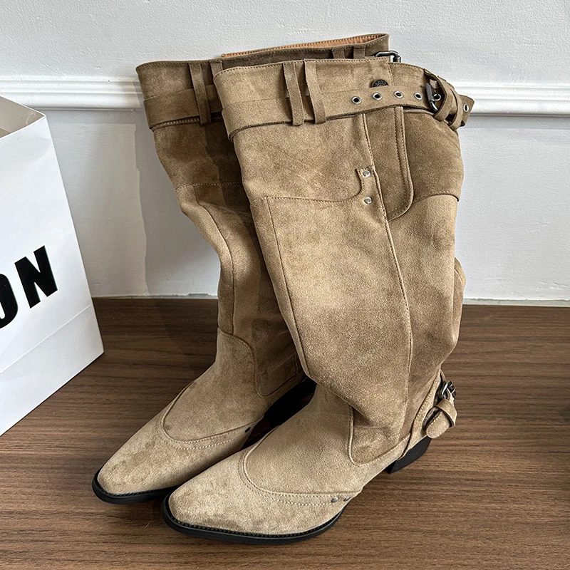 2025 Winter Belt Buckle Pointed Toe Women Knee-High Boots Fashion Vintage Square Low Heels Ladies Shoes