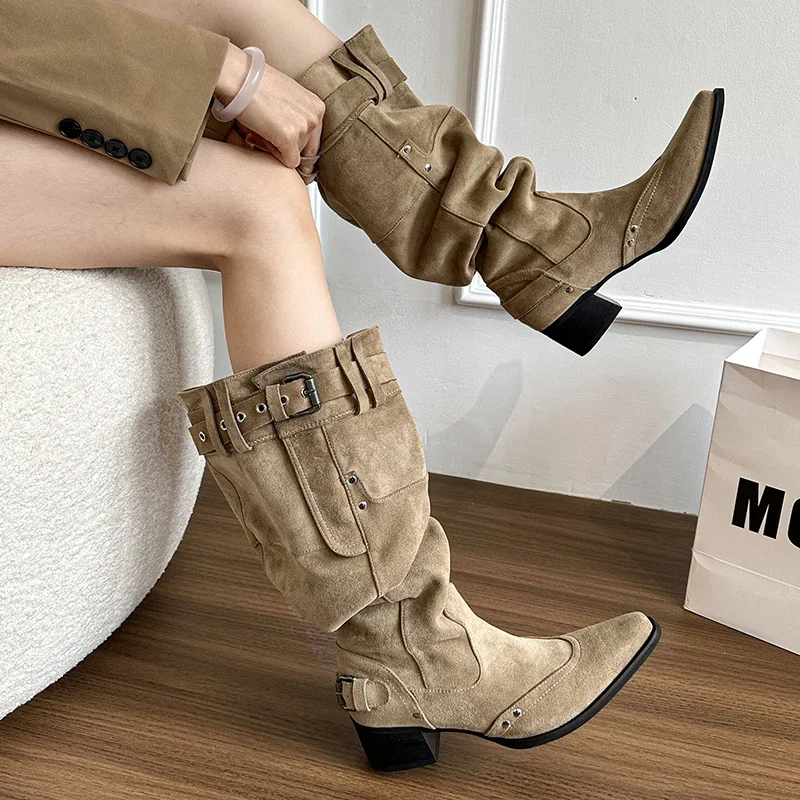 2025 Winter Belt Buckle Pointed Toe Women Knee-High Boots Fashion Vintage Square Low Heels Ladies Shoes