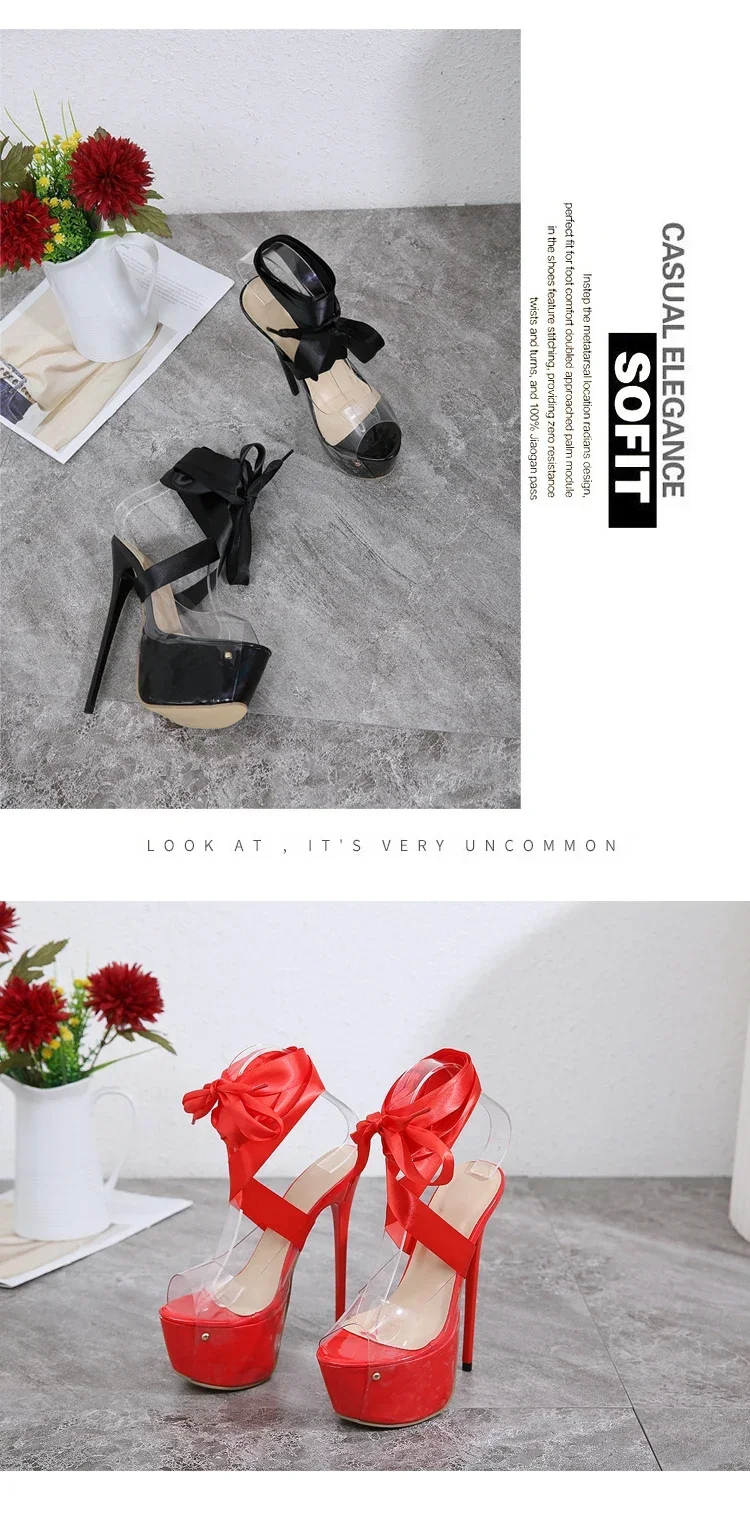 Black Sexy Thigh High Broad Band Strap Platform Sandals Women Transparent Peep Toe Club/Party Stripper 16CM Stiletto Shoes