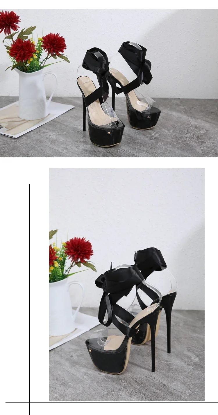 Black Sexy Thigh High Broad Band Strap Platform Sandals Women Transparent Peep Toe Club/Party Stripper 16CM Stiletto Shoes