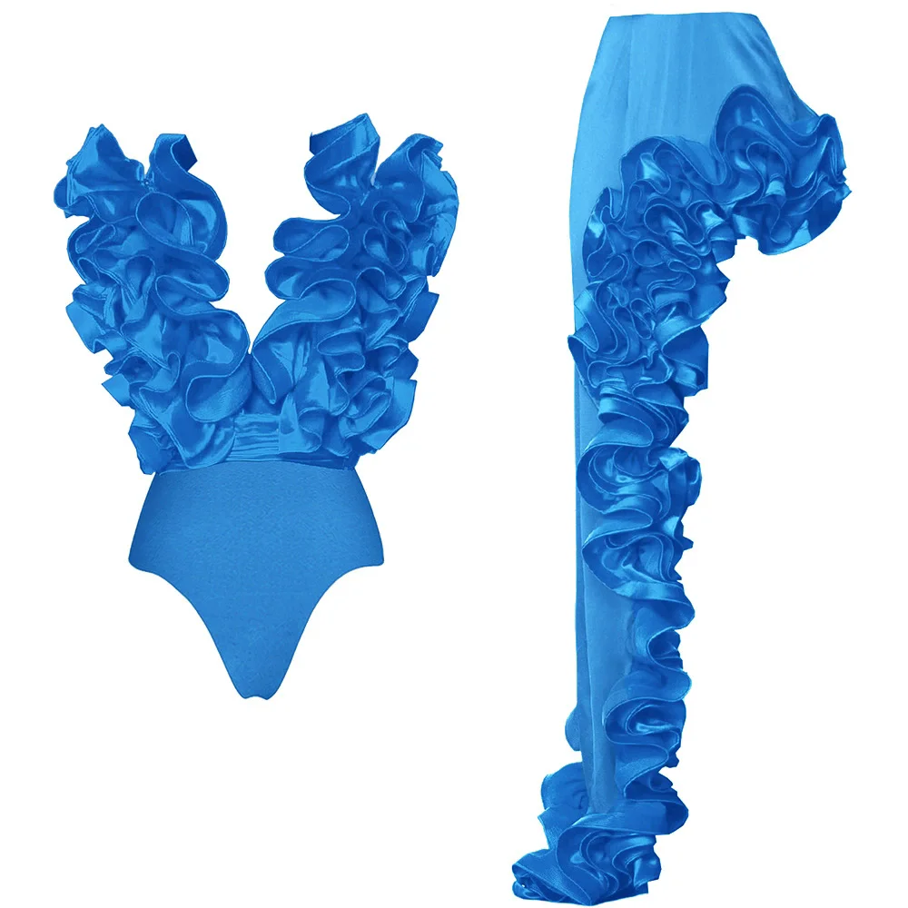 CM.YAYA Women Sets Streetwear 2 Two-piece Suits Sexy Beach Holiday Ruffles Asymmetrical V-neck Bodysuit+Long Skirts Bikinis Sets CM.YAYA Women Sets Streetwear 2 Two-piece Suits Sexy Beach Holiday Ruffles Asymmetrical V-neck Bodysuit+Long Skirts Bikinis Sets