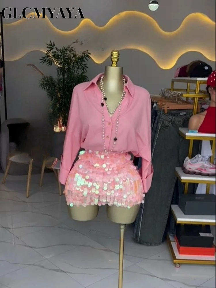 CM.YAYA Women's Long Sleeve Lapel Collar Shirts and Sequined Mini Midi Skirt 2026 Street Party Night Two 2 Piece Set Outfits