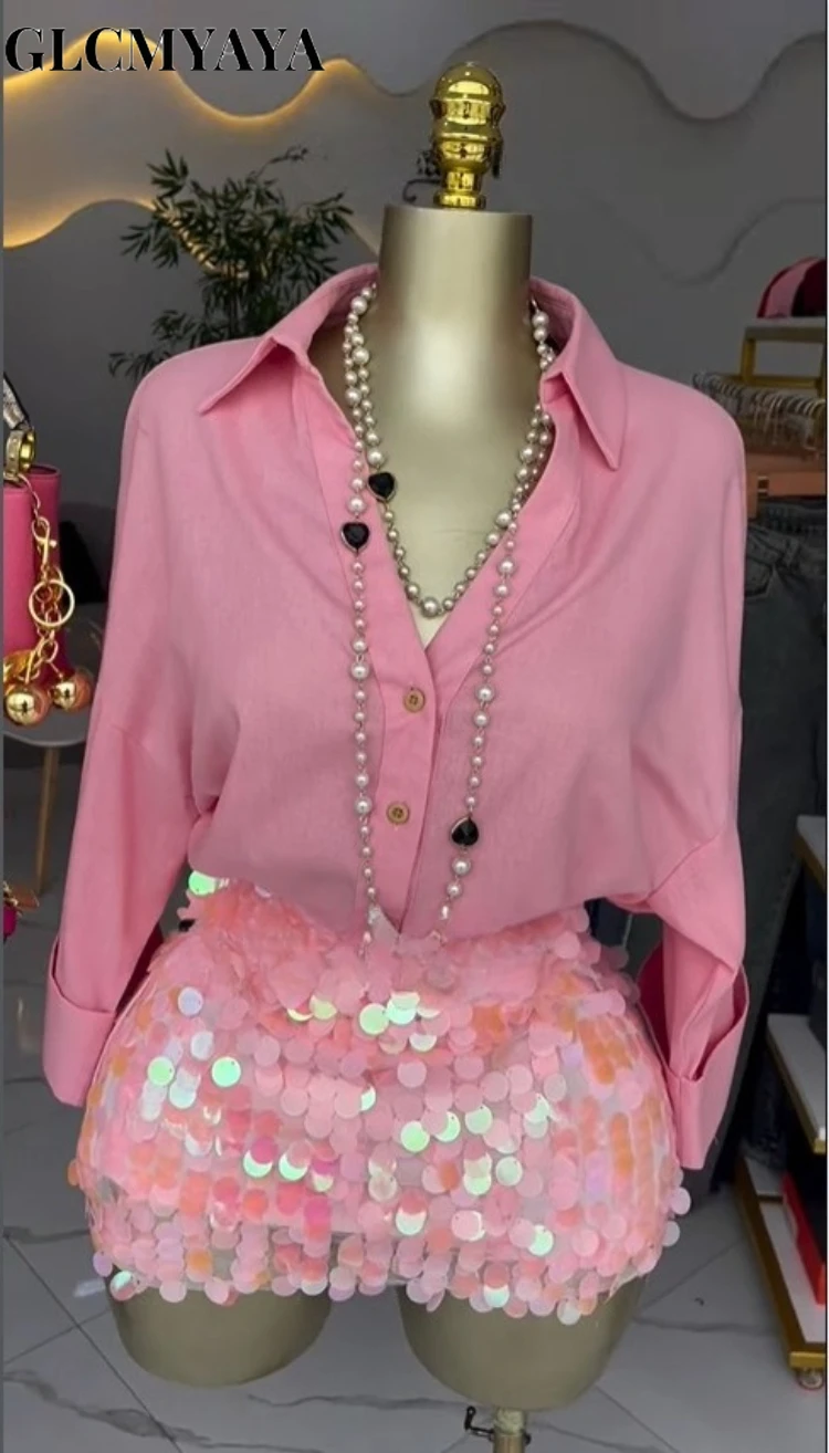 CM.YAYA Women's Long Sleeve Lapel Collar Shirts and Sequined Mini Midi Skirt 2026 Street Party Night Two 2 Piece Set Outfits